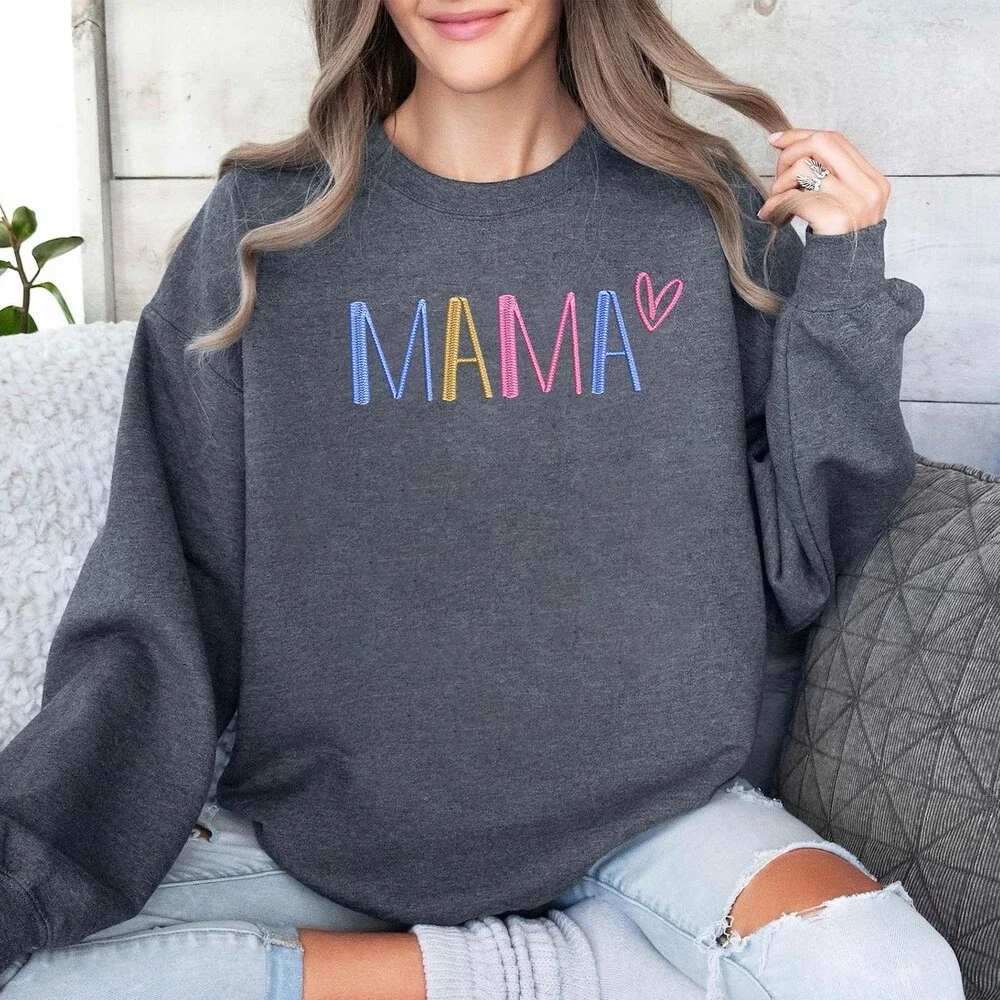 GODMERCH Women's Embroidered Mama Sweatshirt Mothers Day Gifts Mom Crewneck L